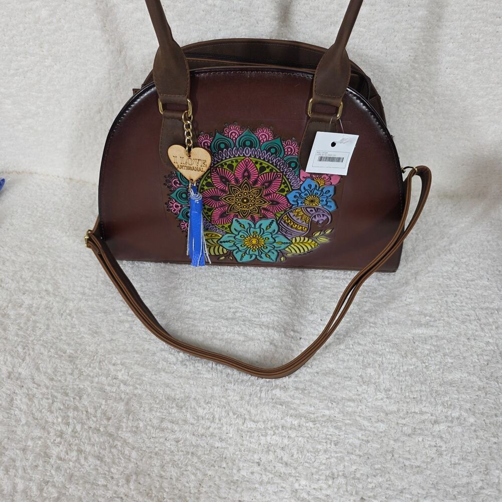 Colorful Mandala Embossed Hand Painted Mexican Brown Vegan Leather Dome Handbag - Picture 4 of 6